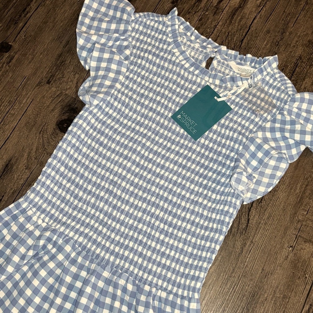 NWT Market & Spruce Light Blue & White Gingham Short Sleeve Smocked Blouse Small - Picture 6 of 12